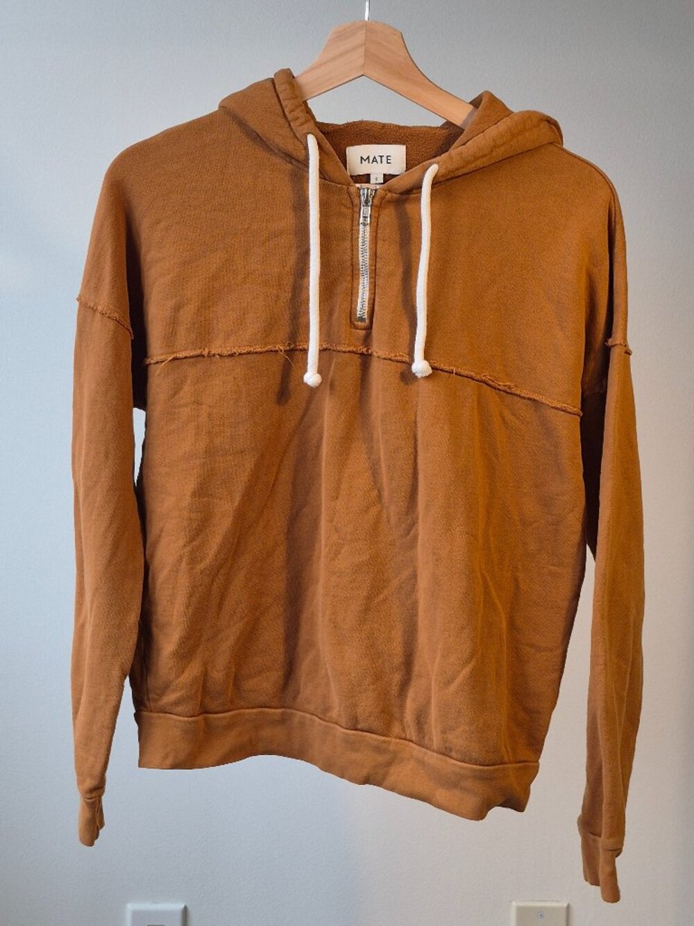 MATE the Label Hoodie Women’s S Brown Organic Cotton Quarter Zip Raw Seam
